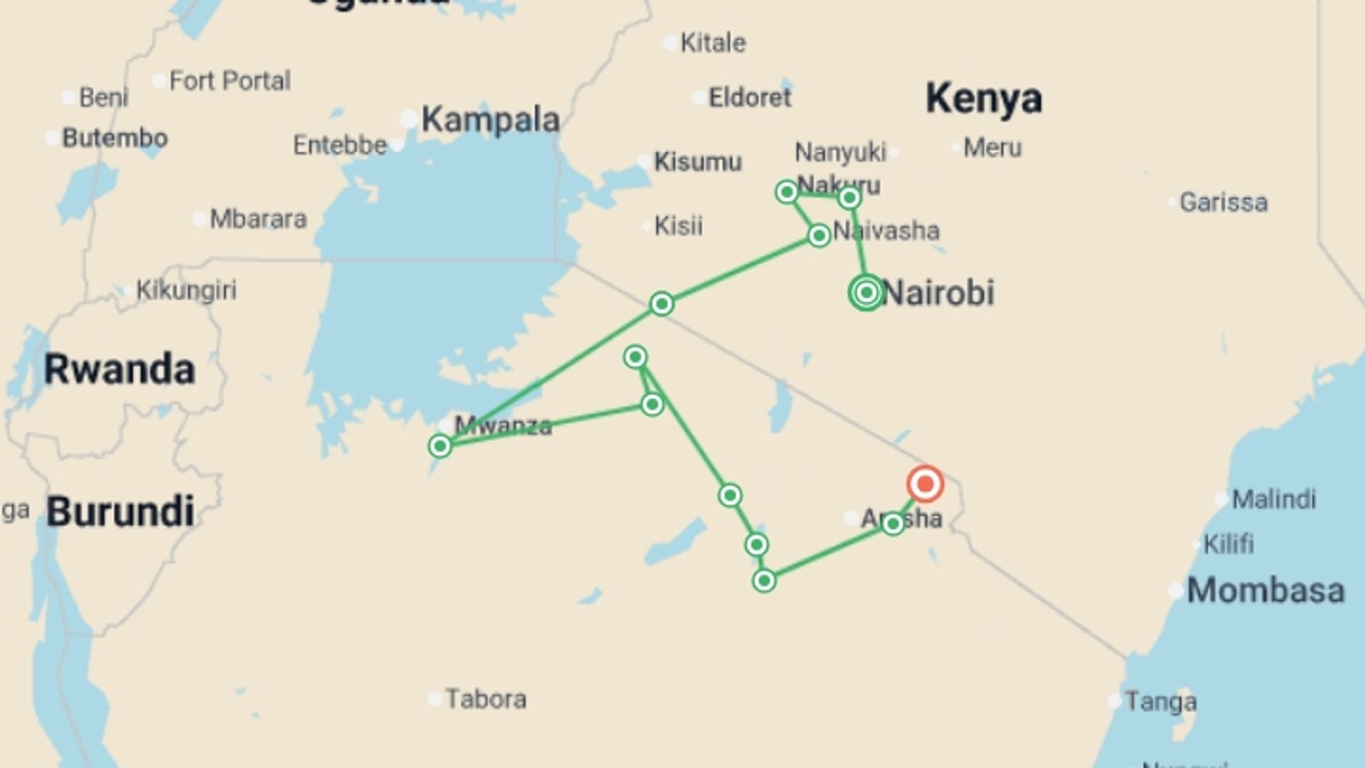 A map showing the tour itinerary for the trip: Kenya & Tanzania Safari Adventure, starting in Nairobi, Kenya and ending in Kilimanjaro, Tanzania going through 11 other destinations.
