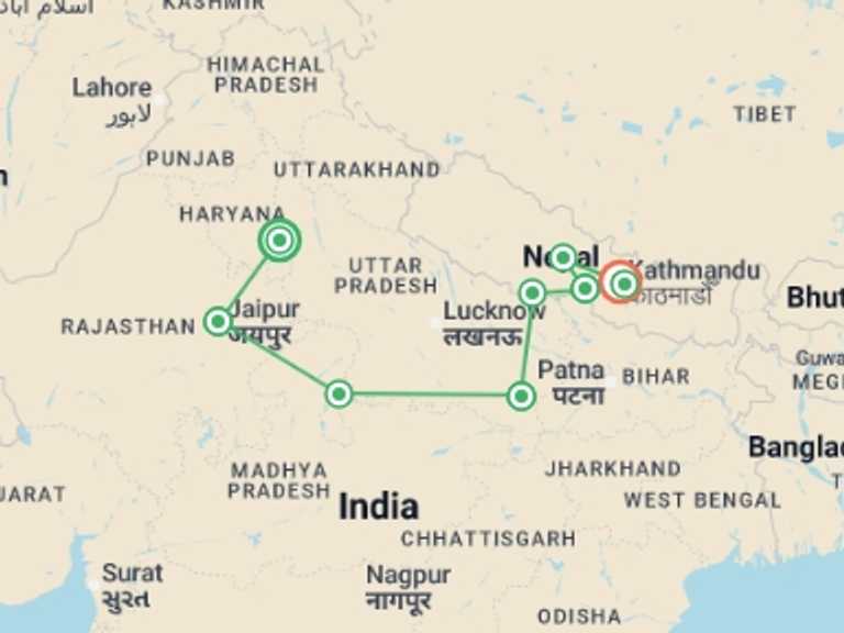 Map of Asia Tour with 9 destination visits for the trip: Delhi to Kathmandu (4 Star) - 16 days