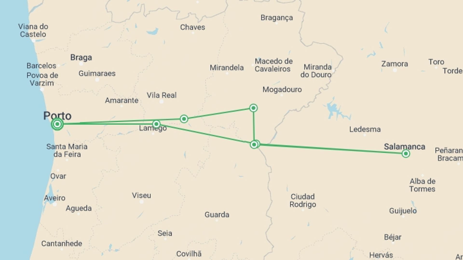 A map showing the tour itinerary for the trip: Family Club - From Portugal to Spain: Porto, the Douro Valley (Portugal) and Salamanca (Spain) (port-to-port cruise), starting in Porto, Portugal and ending in Porto, Portugal going through 5 other destinations.
