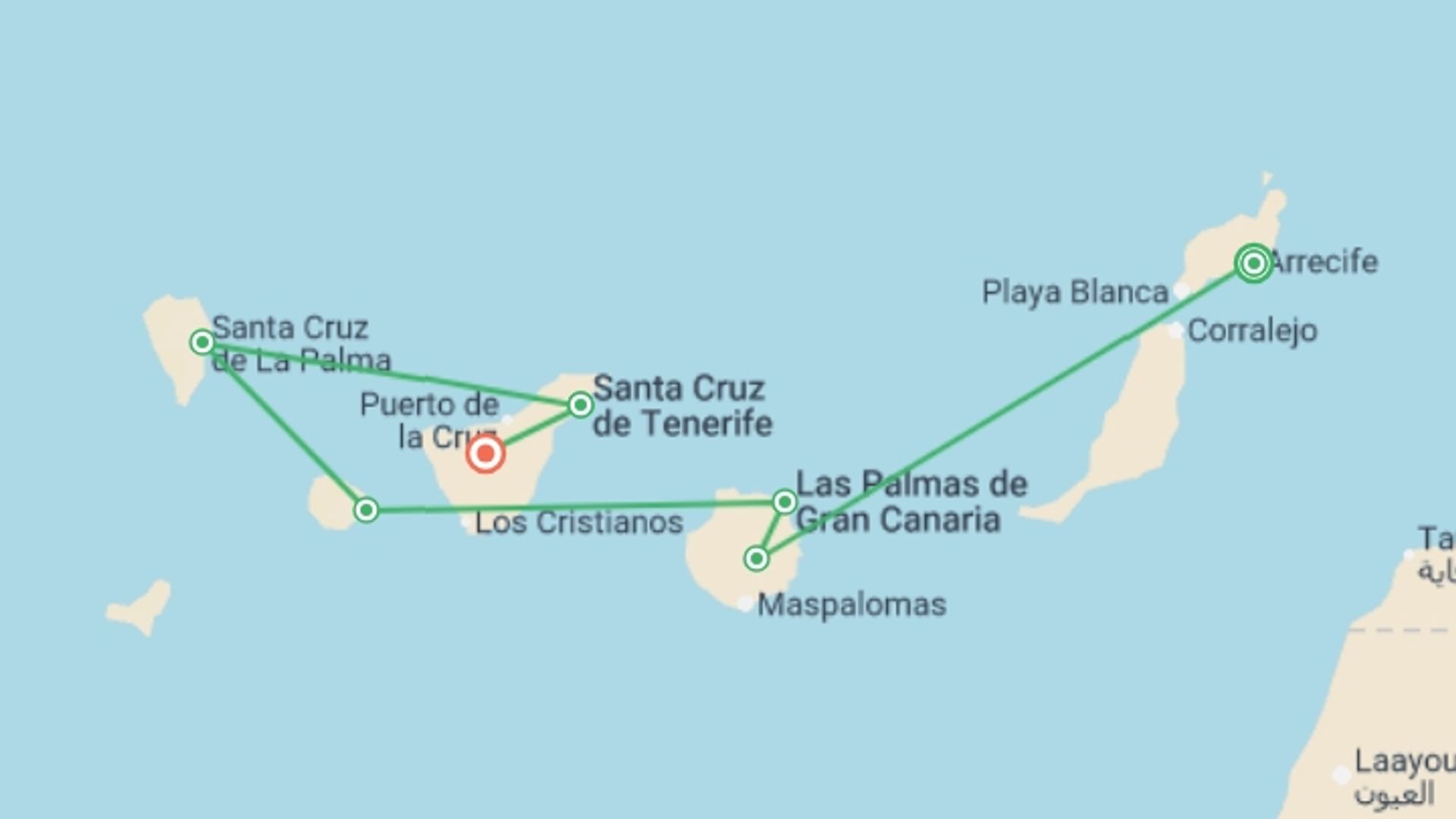 A map showing the tour itinerary for the trip: Cruise through the Canary Island Archipelago, eternal Springtime, starting in Arrecife, Spain and ending in Tenerife, Spain going through 7 other destinations.