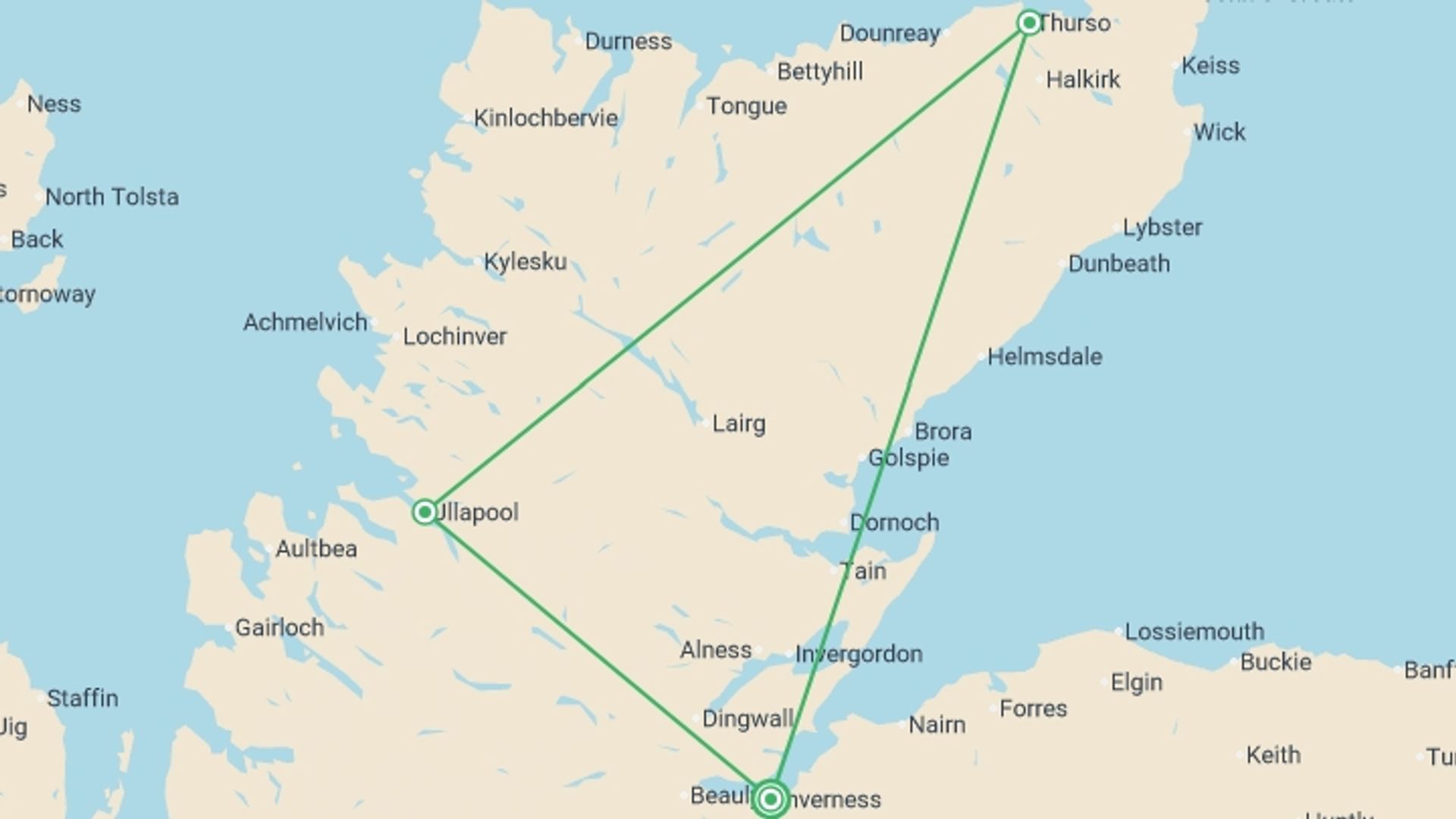 A map showing the tour itinerary for the trip: Best of the North Coast 500 - 3 days, starting in Inverness, Scotland and ending in Inverness, Scotland going through 2 other destinations.
