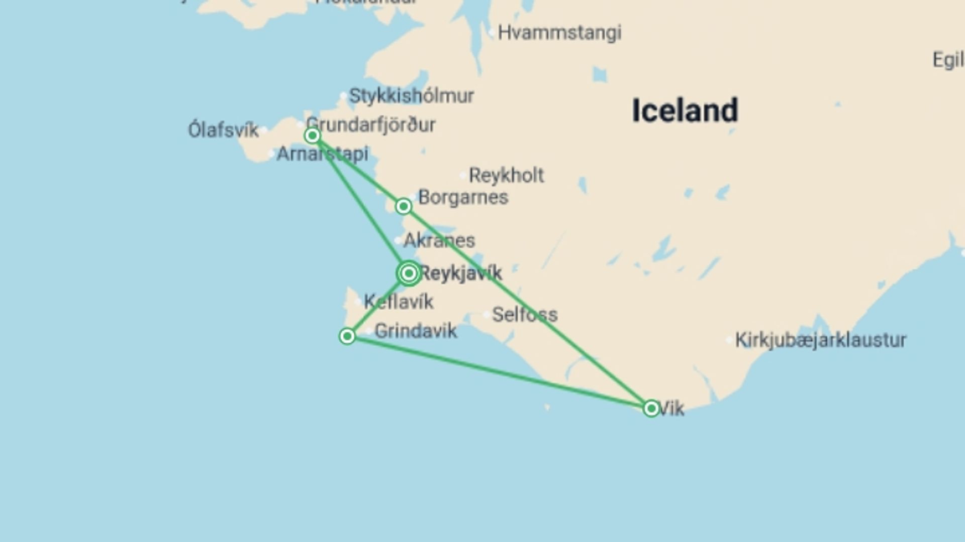 A map showing the tour itinerary for the trip: Scenic Iceland Self Drive Summer, starting in Reykjavik, Iceland and ending in Reykjavik, Iceland going through 5 other destinations.