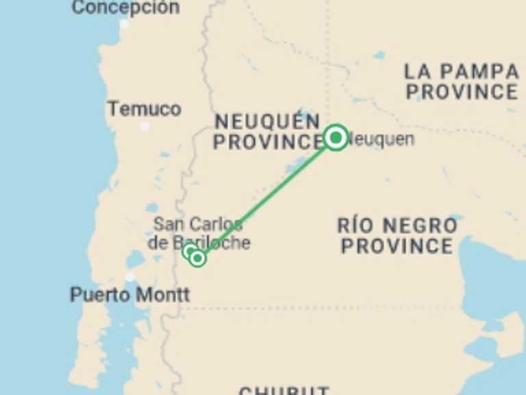 Map of a Natural landmarks sightseeing Tour with 3 destination visits for the trip: 5-Day Bariloche Luxury Tour