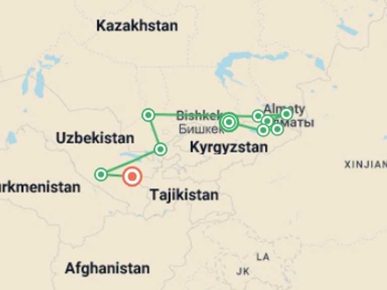 Map itinerary of Bishkek Tour in May 2026 with 9 destination visits for the trip: The Three Stans of The Silk Road