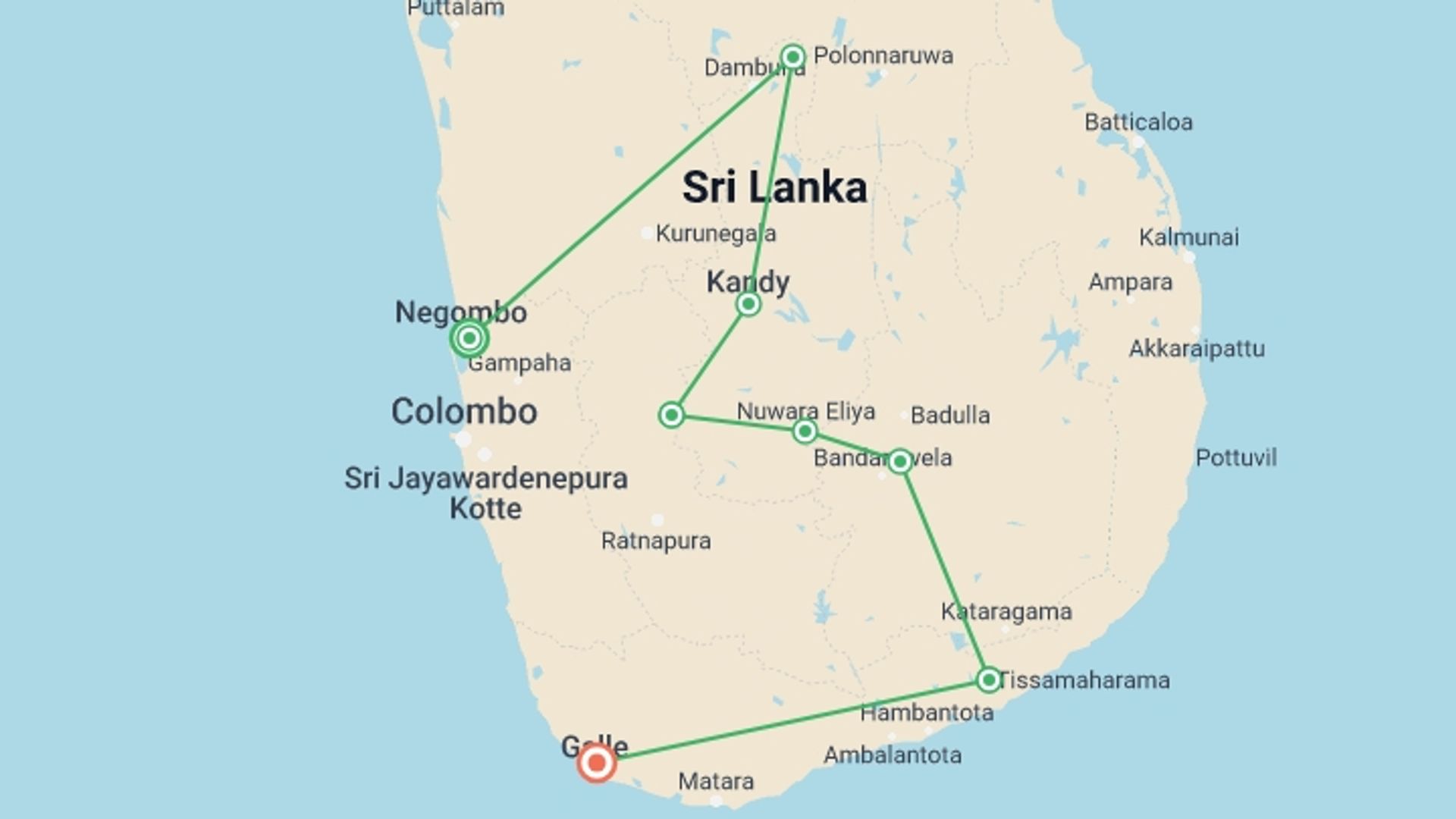 A map showing the tour itinerary for the trip: Sri Lanka Adventure Escape, starting in Negombo, Sri Lanka and ending in Galle, Sri Lanka going through 6 other destinations.