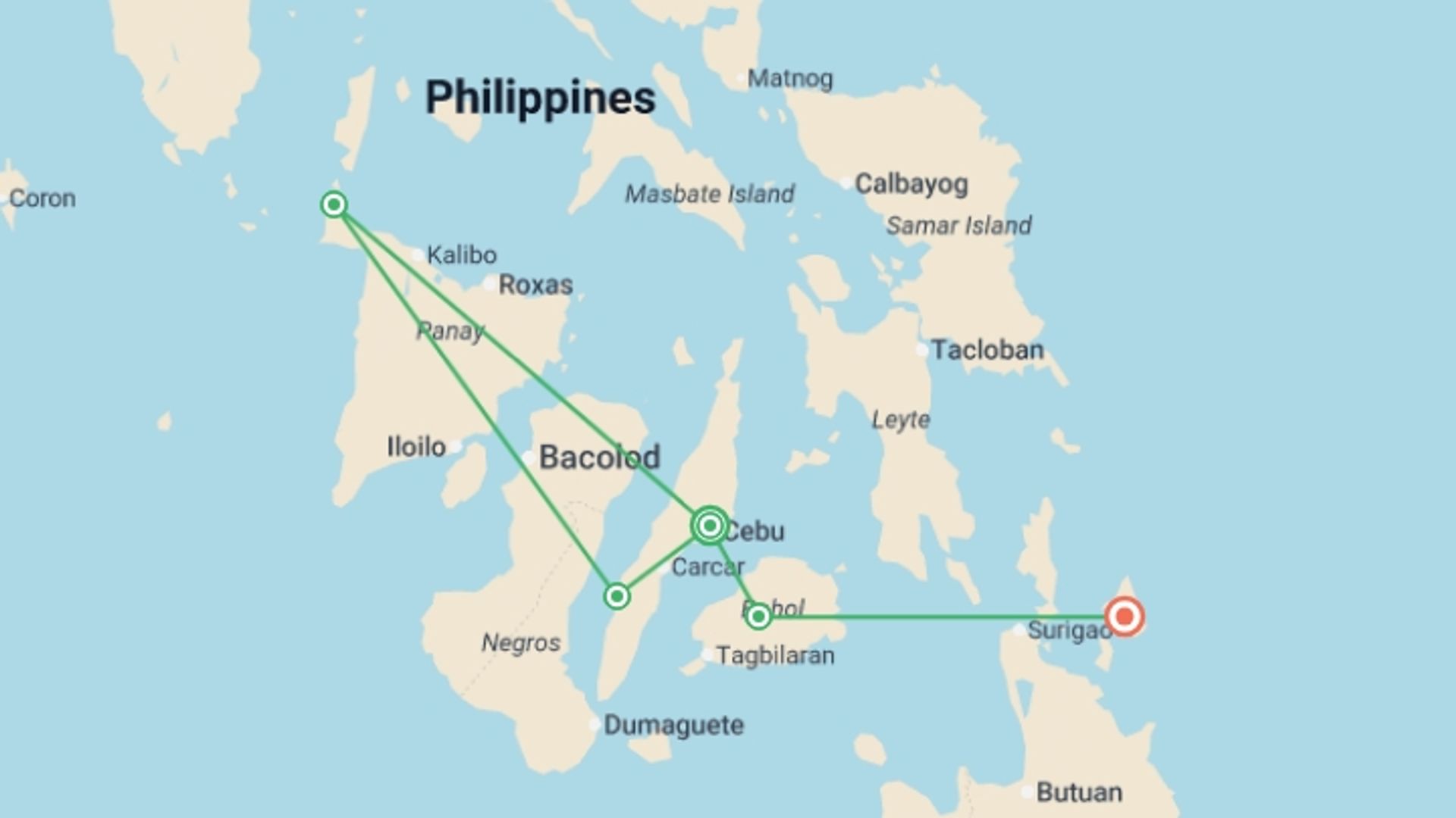 A map showing the tour itinerary for the trip: Philippines Island Experience, starting in Cebu City, Philippines and ending in Siargao, Philippines going through 4 other destinations.