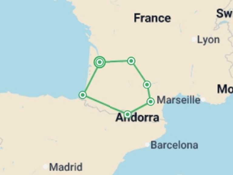 Map of Europe Explorer Tour with 7 destination visits for the trip: Jewels of Southwest France