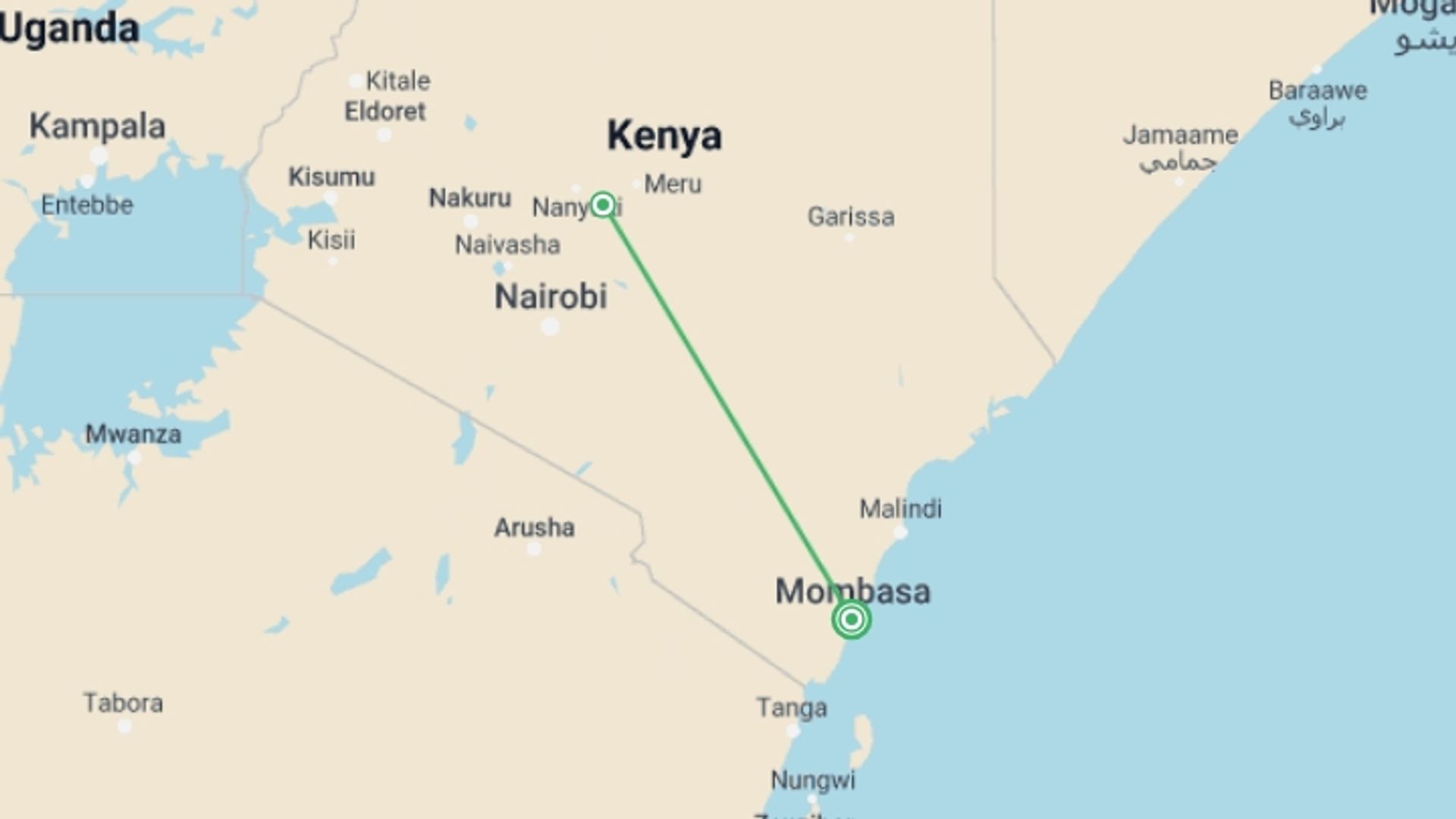 A map showing the tour itinerary for the trip: Safari To The Shimba Hills, Short Break (on Request), starting in Mombasa, Kenya and ending in Mombasa, Kenya going through 1 other destinations.
