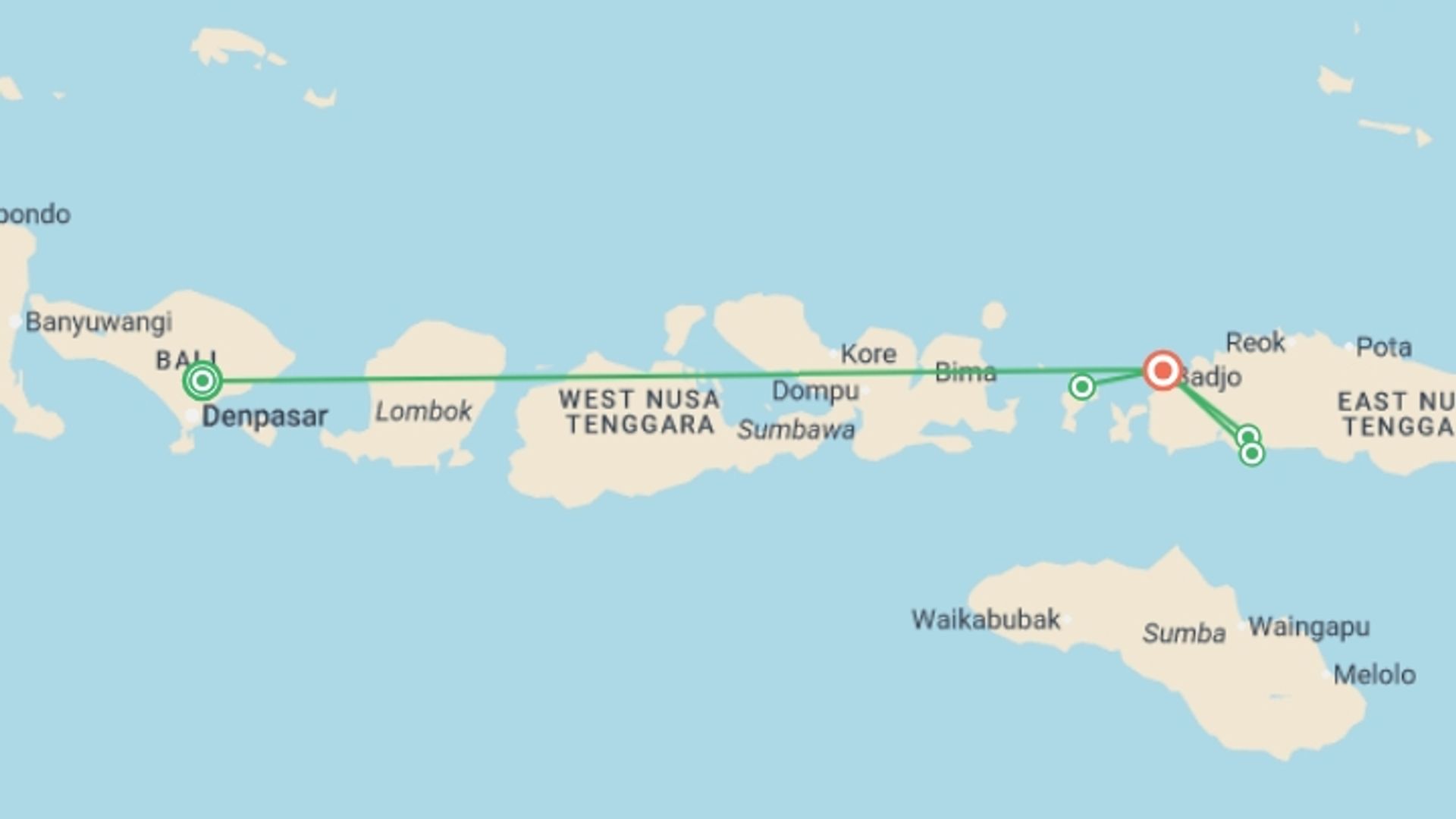 A map showing the tour itinerary for the trip: Ubud to Flores: Komodo Dragons, Beaches & Tribal Treks, starting in Ubud, Indonesia and ending in Labuan Bajo, Indonesia going through 3 other destinations.