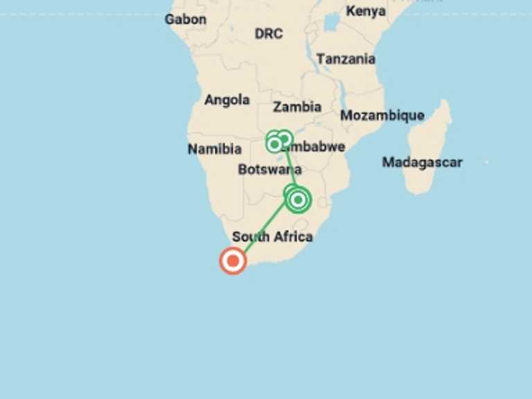 Map of Victoria Falls Tour with 7 destination visits for the trip: Exploring South Africa, Victoria Falls & Botswana 