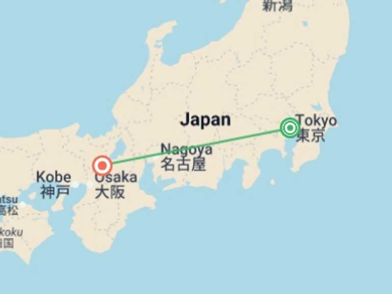 Map itinerary of Japan Tour in April 2027 with 3 destination visits for the trip: 7-Day Japan Cherry Blossom Tour