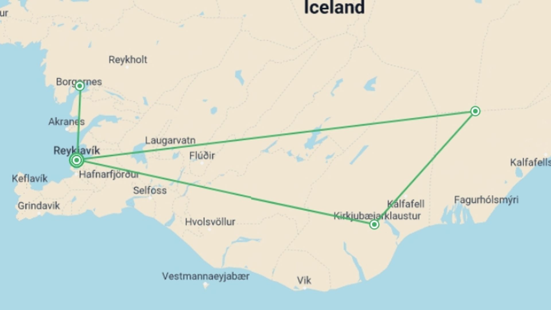 A map showing the tour itinerary for the trip: Hidden Gems of the South Iceland, starting in Reykjavik, Iceland and ending in Reykjavik, Iceland going through 3 other destinations.