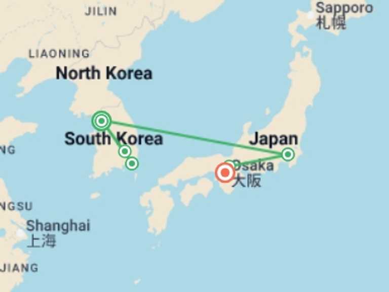 Map of Asia Tour with 6 destination visits for the trip: Wonders of Korea and Japan