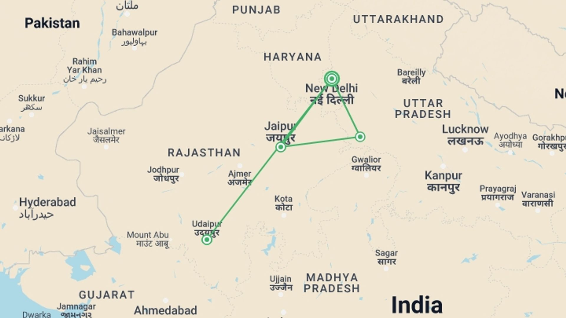 A map showing the tour itinerary for the trip: Golden Triangle With Udaipur City Of Lakes, Supersaver, starting in New Delhi, India and ending in New Delhi, India going through 3 other destinations.