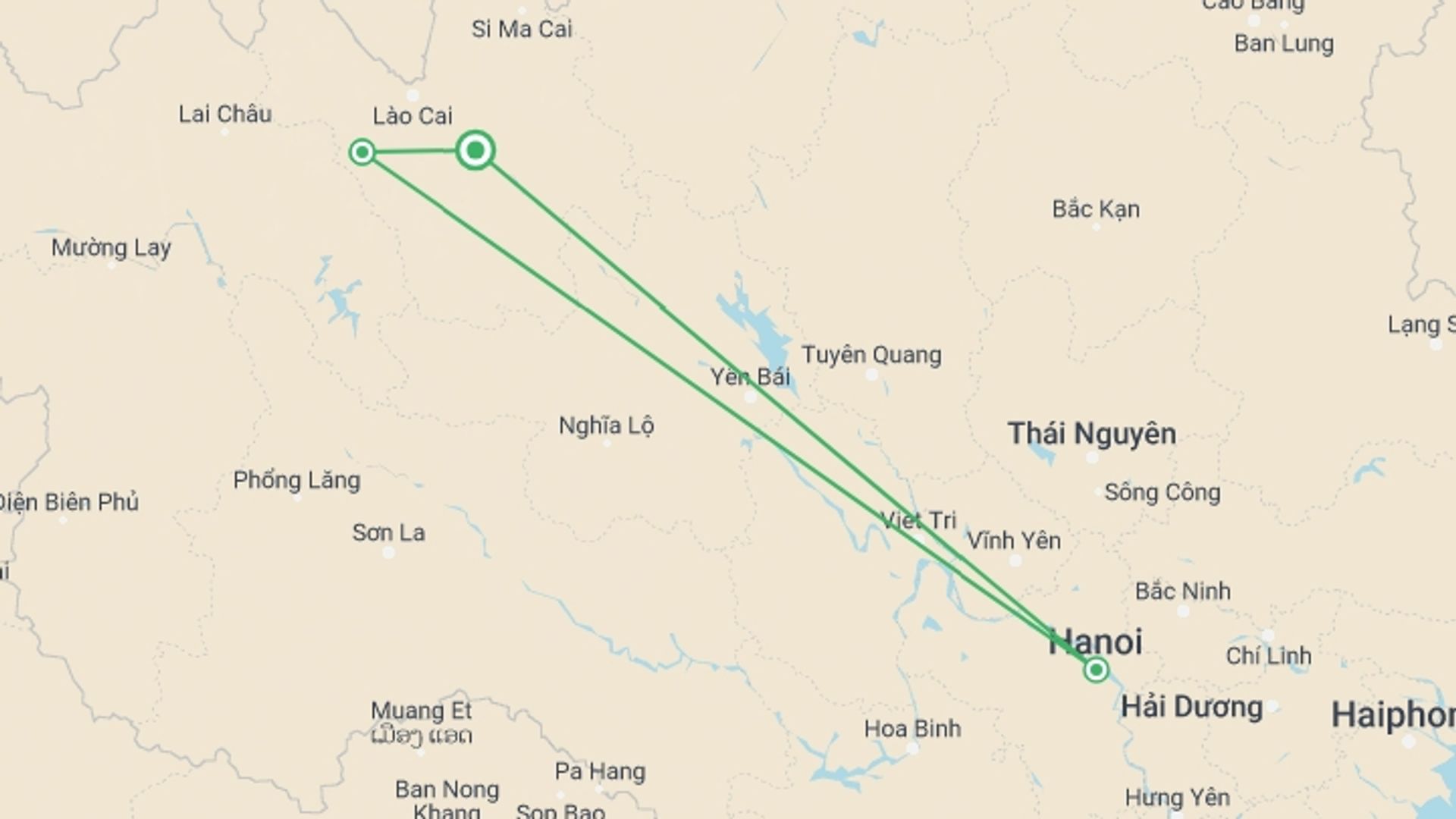 A map showing the tour itinerary for the trip: Sapa Remote Trekking 3 Days 2 Nights, starting in Lao Cai, Vietnam and ending in Lao Cai, Vietnam going through 2 other destinations.