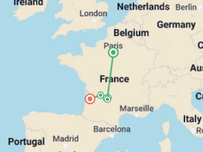 Map of 9-Day Paris Tour with 6 destination visits for the trip: Canoeing on the Dordogne