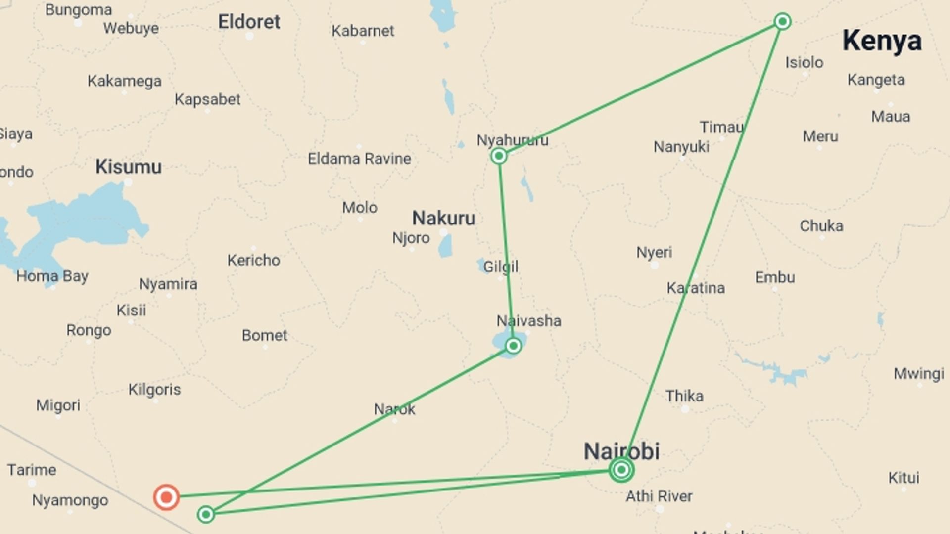 A map showing the tour itinerary for the trip: Kenyan Highlands and Plains Safari, starting in Nairobi, Kenya and ending in Maasai Mara National Reserve, Kenya going through 4 other destinations.