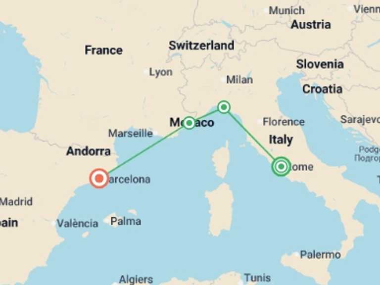 Map of Mediterranean Tour with 4 destination visits for the trip: Mediterranean Express: Rivieras & Railroads