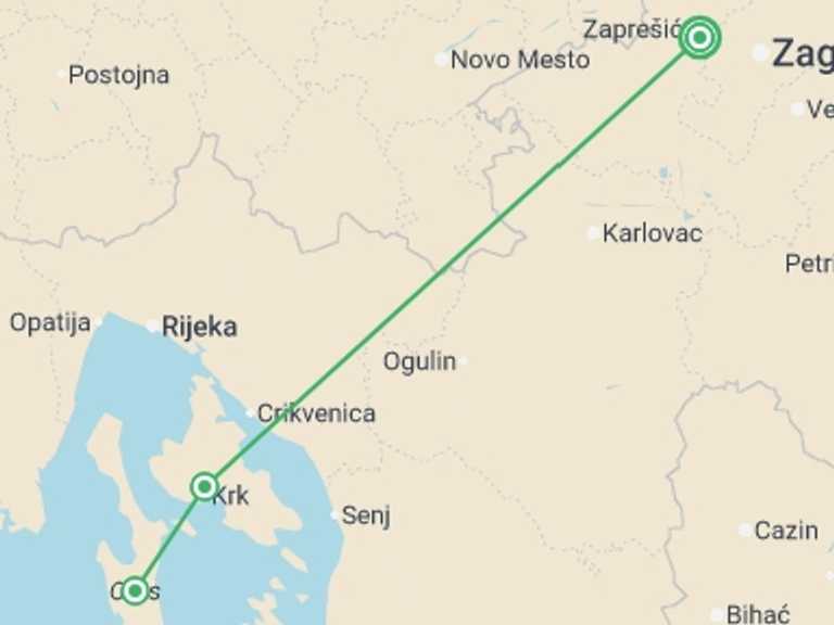 Map itinerary of Europe Tour in Spring with 3 destination visits for the trip: Walking North Croatia's Islands & Lakes