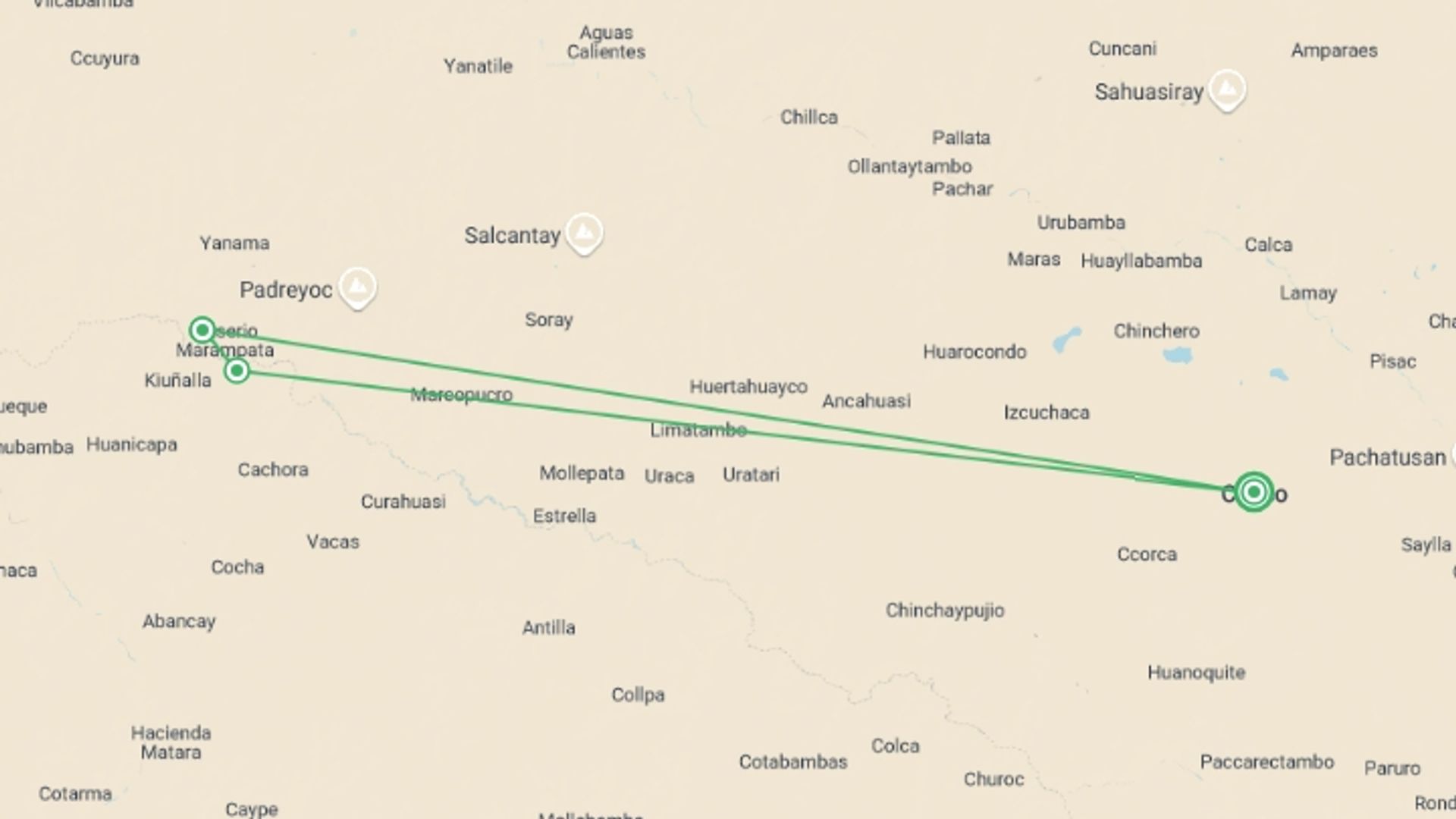 A map showing the tour itinerary for the trip: The Inka Trail Trek , starting in Cusco, Peru and ending in Cusco, Peru going through 2 other destinations.