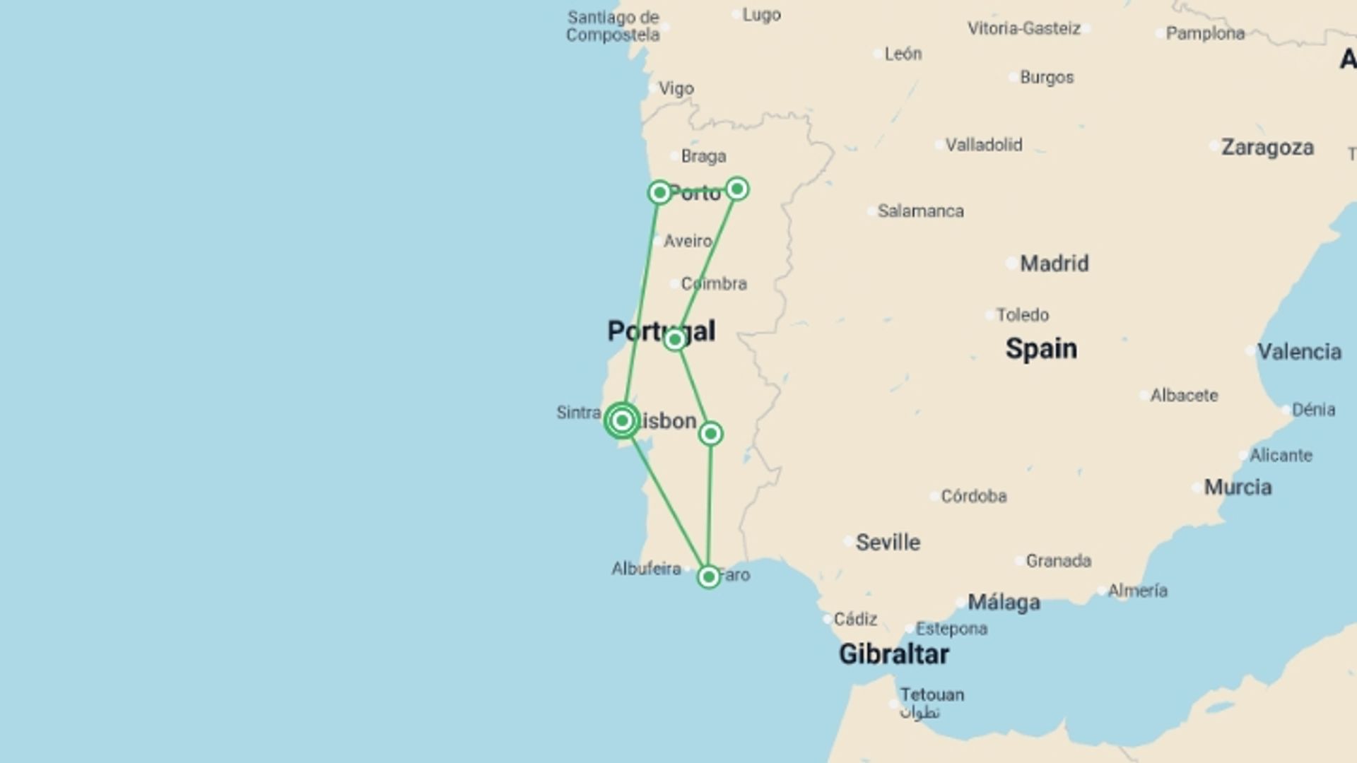A map showing the tour itinerary for the trip: Country Roads of Portugal, a Women-Only Tour, starting in Lisbon, Portugal and ending in Lisbon, Portugal going through 6 other destinations.