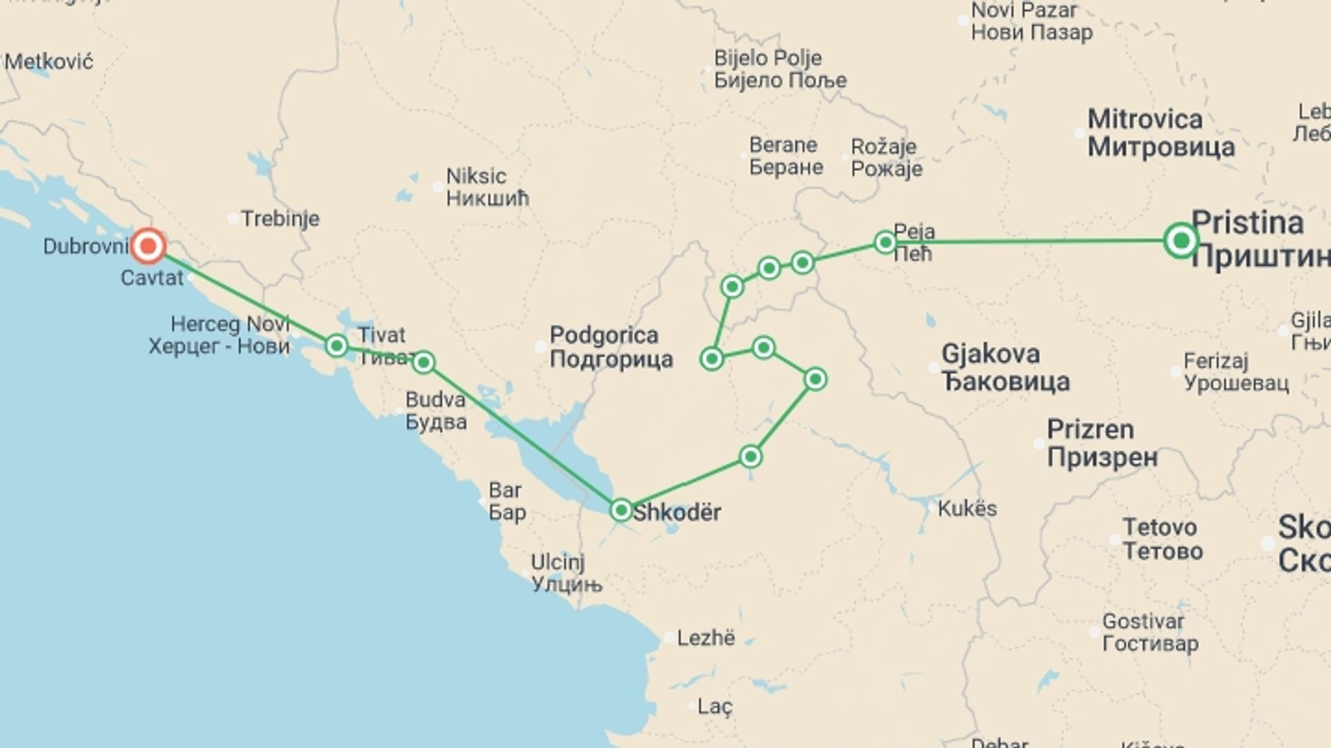 A map showing the tour itinerary for the trip: Balkans High Trails and Culture Guided Hike, starting in Pristina, Kosovo and ending in Dubrovnik, Croatia going through 7 other destinations.