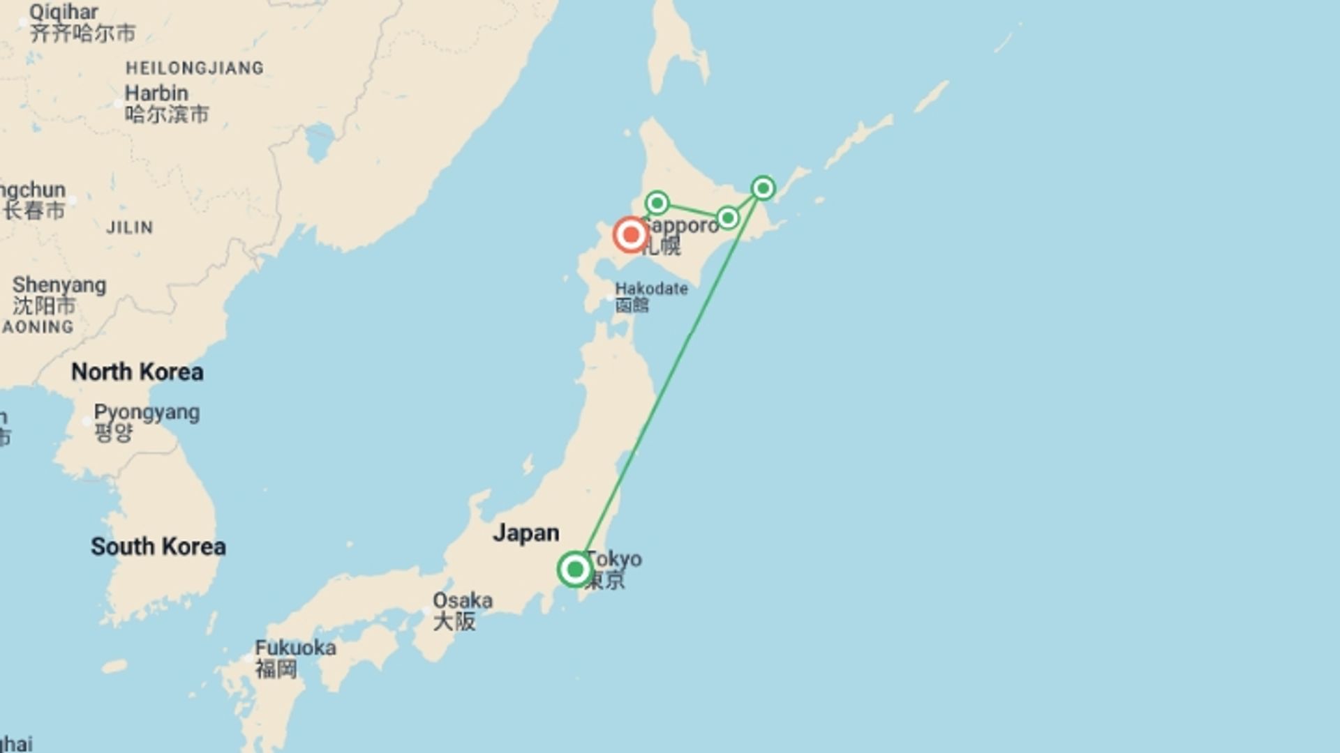 A map showing the tour itinerary for the trip: Active Japan: Hokkaido Adventure, starting in Tokyo, Japan and ending in Sapporo, Japan going through 3 other destinations.