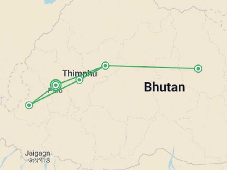 Map itinerary of Thimphu Tour in June 2026 with 5 destination visits for the trip: Highlights of Bhutan