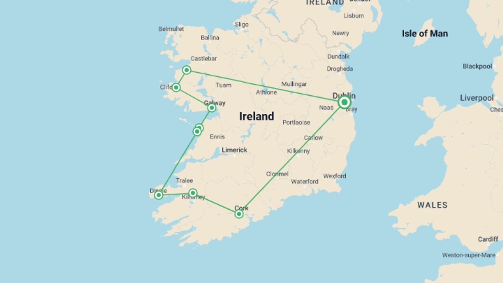 A map showing the tour itinerary for the trip: Great Atlantic Adventure, starting in Dublin, Ireland and ending in Dublin, Ireland going through 9 other destinations.