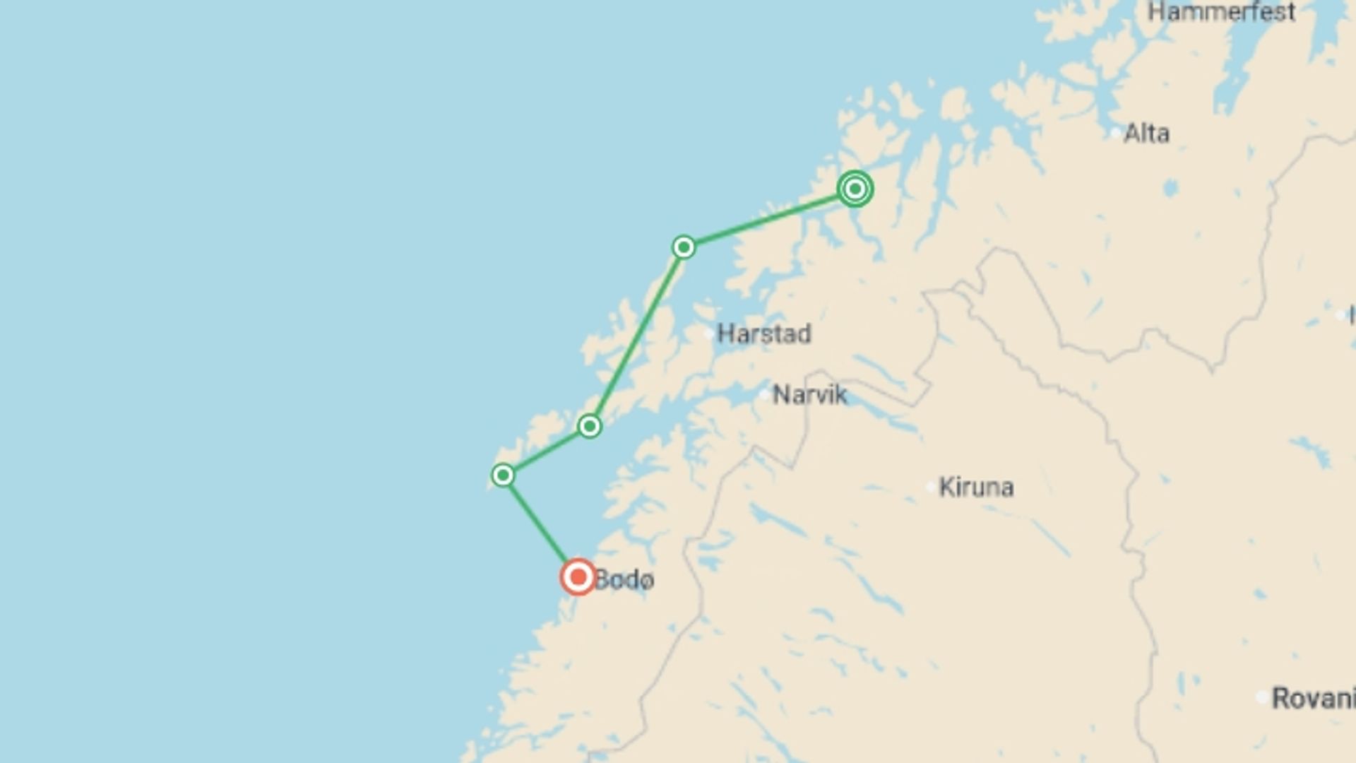 A map showing the tour itinerary for the trip: Arctic Norway Discovery - 8 days, starting in Tromso, Norway and ending in Bodo, Norway going through 3 other destinations.