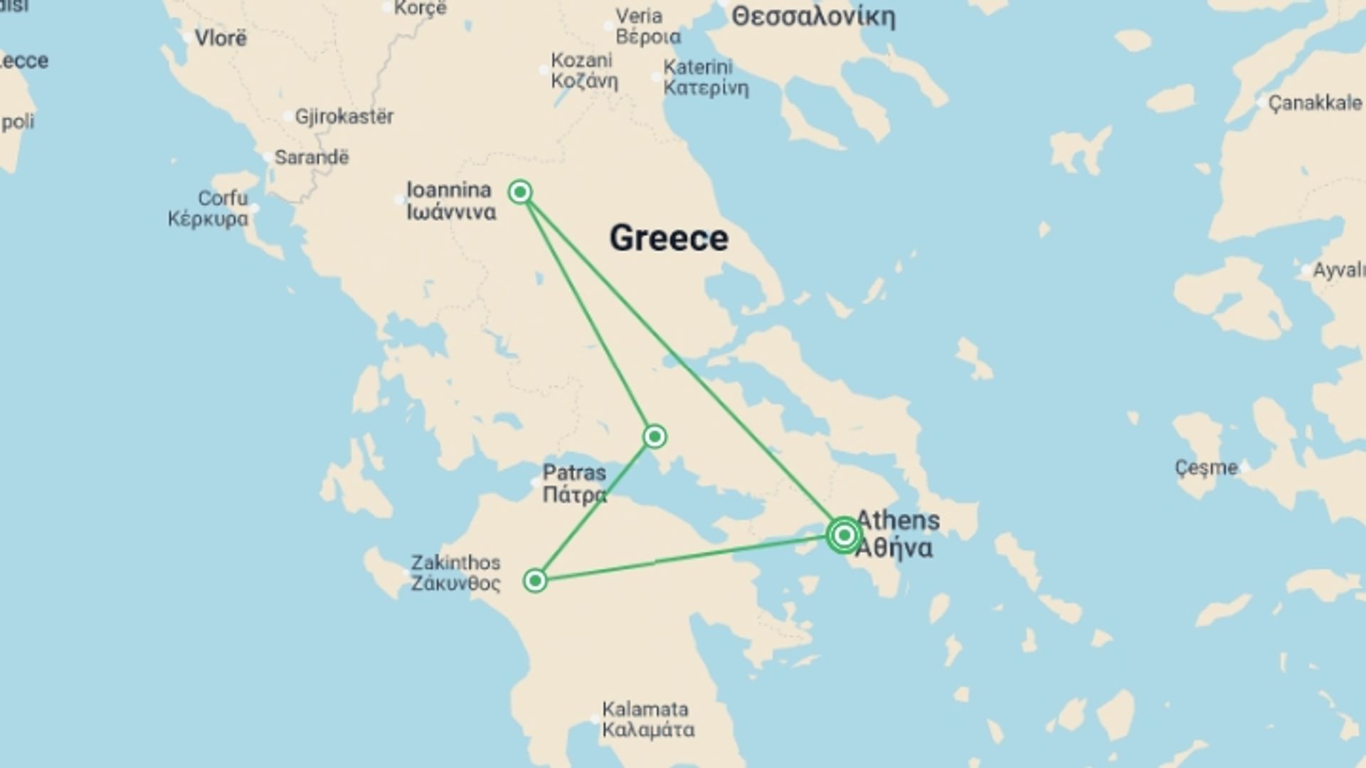 A map showing the tour itinerary for the trip: Classic Greece & Meteora - 8 days, starting in Athens, Greece and ending in Athens, Greece going through 3 other destinations.