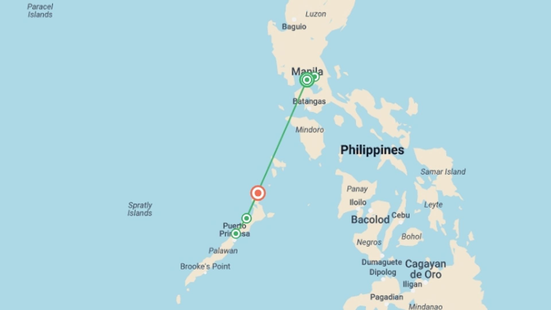 A map showing the tour itinerary for the trip: Solo-ish Philippines, starting in Manila, Philippines and ending in El Nido, Philippines going through 2 other destinations.