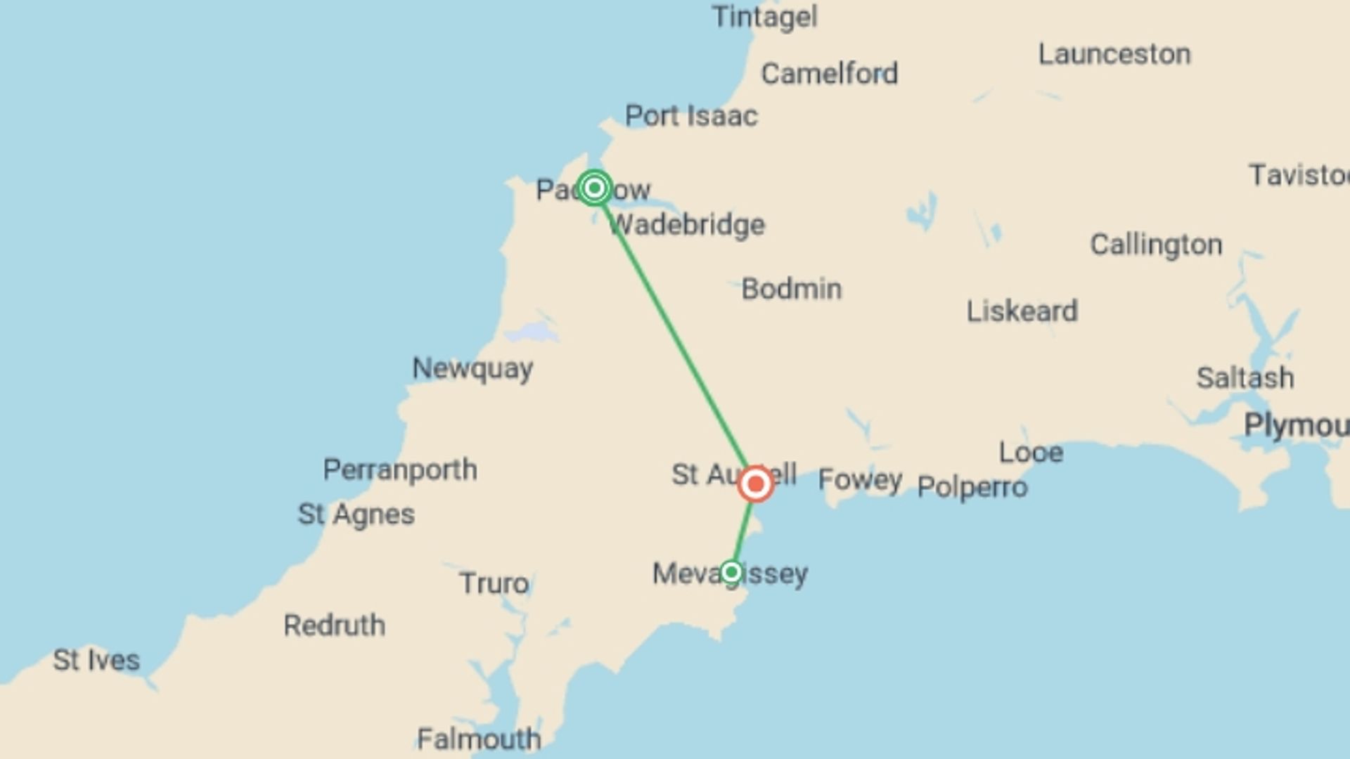 A map showing the tour itinerary for the trip: Walking in Cornwall, starting in Padstow, England and ending in Charlestown, Charlestown going through 1 other destinations.