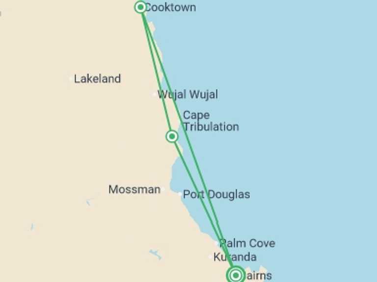 Map of a National parks Tour with 3 destination visits for the trip: Cape Tribulation and Cooktown Wanderer