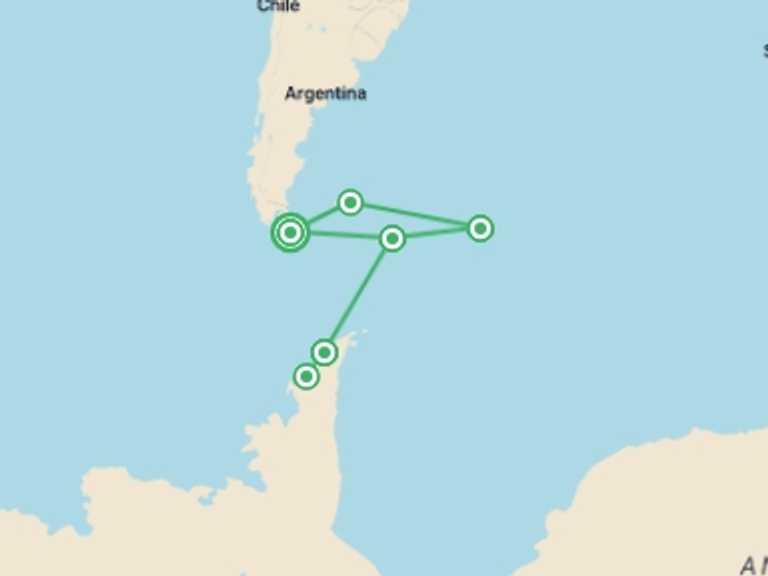 Map of South America Tour with 6 destination visits for the trip: Ultimate Explorer: Falklands, South Georgia & Antarctic Circle