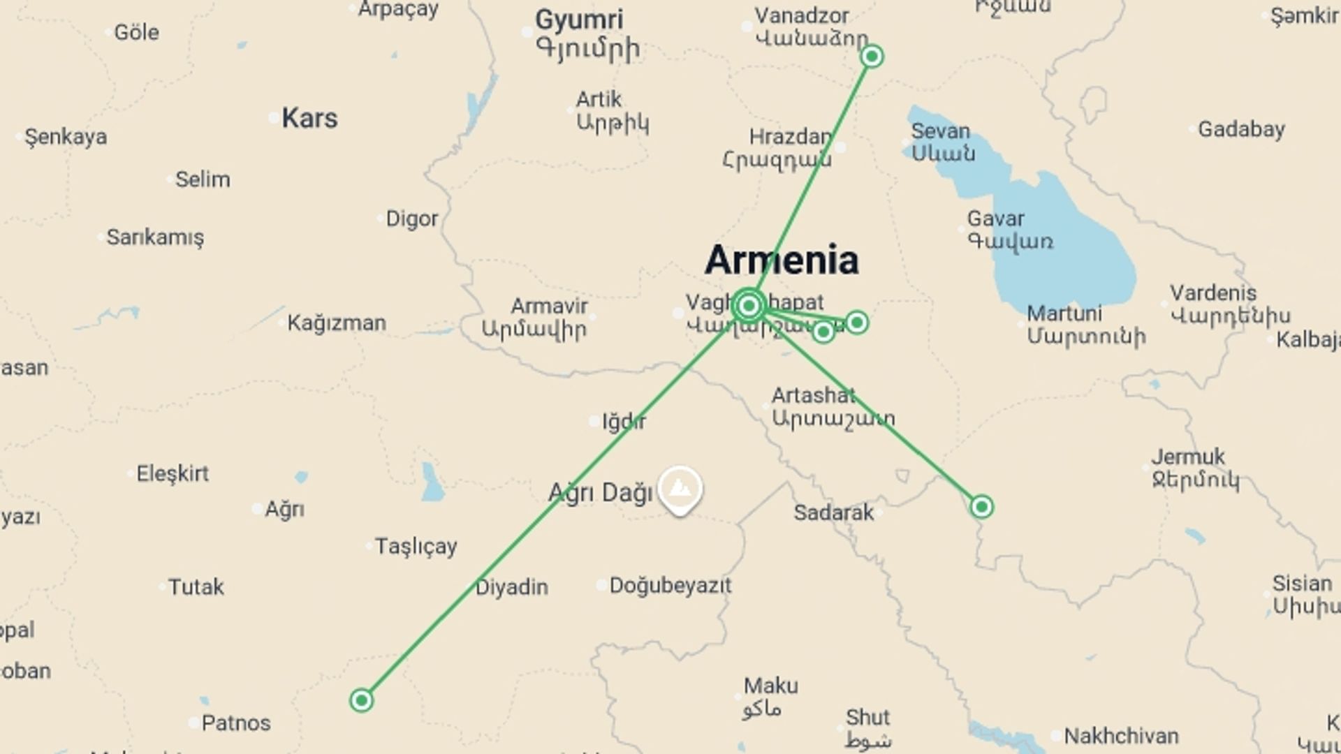 A map showing the tour itinerary for the trip: Armenia Heritage Explorer - 7 days, starting in Yerevan, Armenia and ending in Yerevan, Armenia going through 1 other destinations.