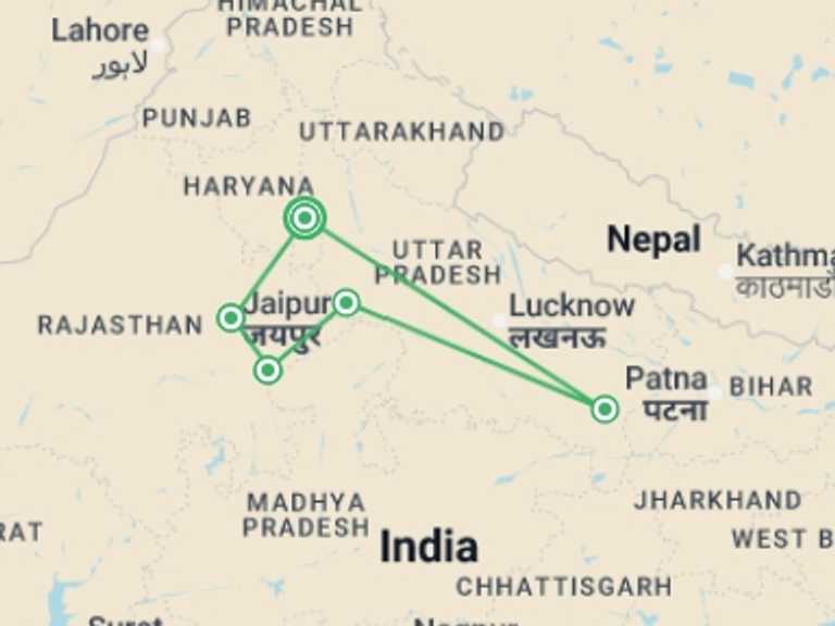 Map of India Cultural, religious and historic sites Tour with 5 destination visits for the trip: Highlights of Northern India