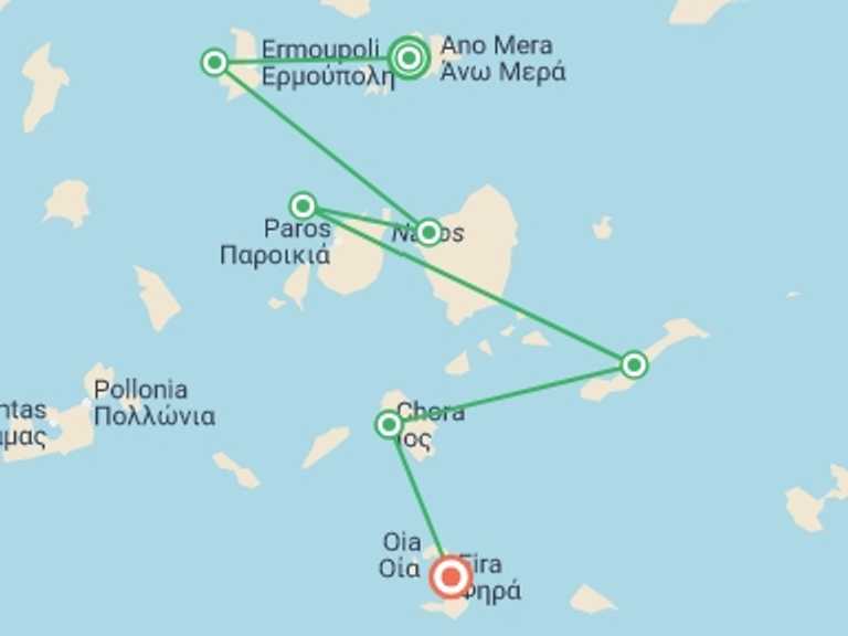 Map itinerary of Mediterranean Tour in May 2027 with 7 destination visits for the trip: Sail Greece: Mykonos to Santorini