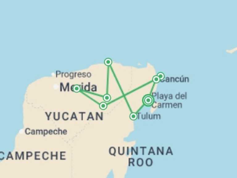 Map of a Sightseeing, attractions, culture and history Tour with 8 destination visits for the trip: Cycle Mexico - The Yucatan Peninsula