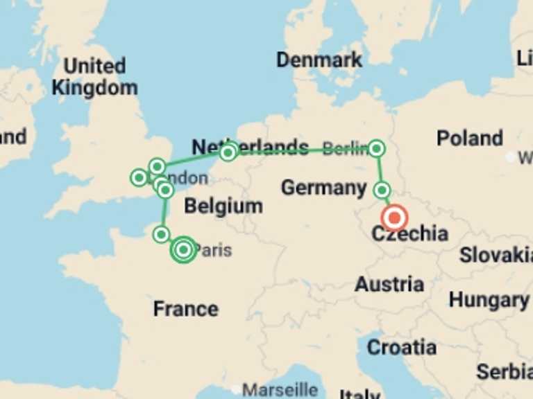 Map of Europe Tour with 7 destination visits for the trip: Continental Fairytale
