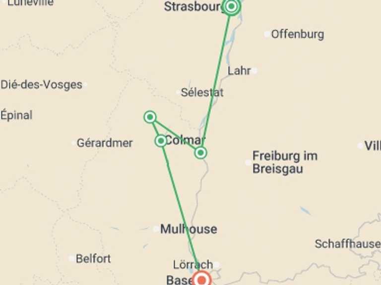Map of Europe Tour with 3 destination visits for the trip: Magical Christmas extravaganzas in Alsace and Switzerland along the Rhine (port-to-port cruise)