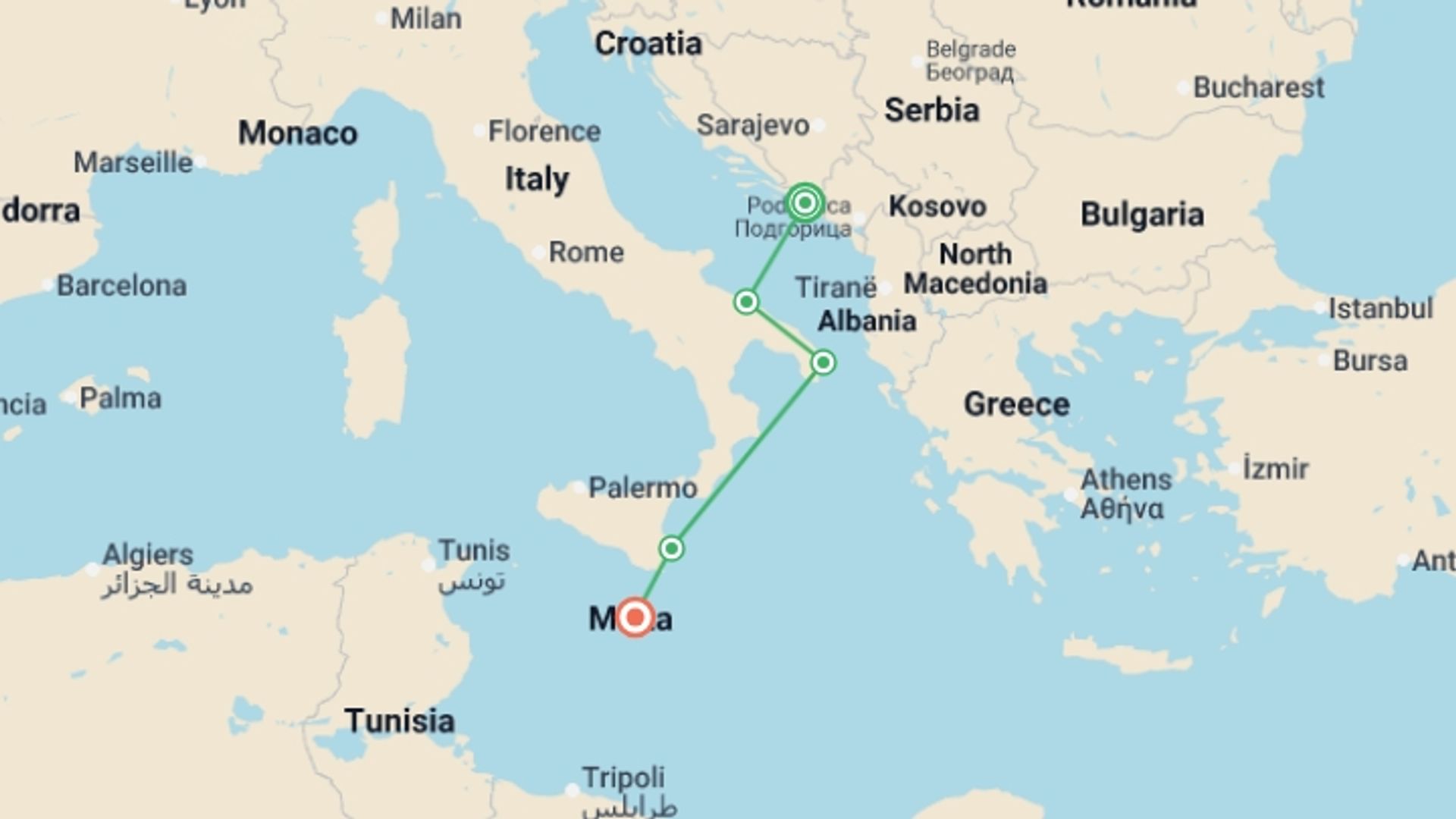 A map showing the tour itinerary for the trip: Mediterranean Splendor - Croatia, Apulia, Sicily, and Malta (port-to-port cruise), starting in Dubrovnik, Croatia and ending in Valletta, Malta going through 3 other destinations.