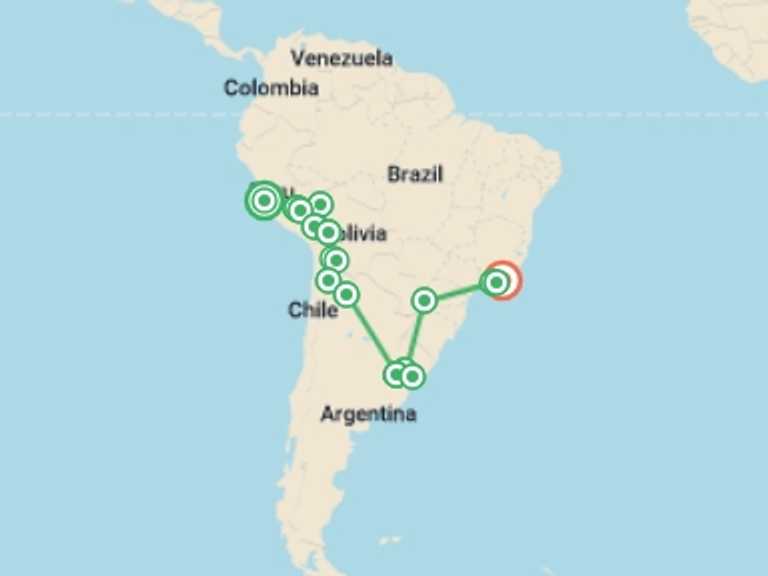 Map itinerary of South America Tour in March 2026 with 20 destination visits for the trip: Epic South America