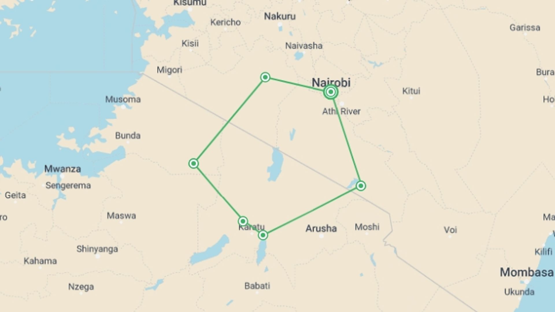 A map showing the tour itinerary for the trip: The Best of East Africa - 12 days, starting in Nairobi, Kenya and ending in Nairobi, Kenya going through 5 other destinations.
