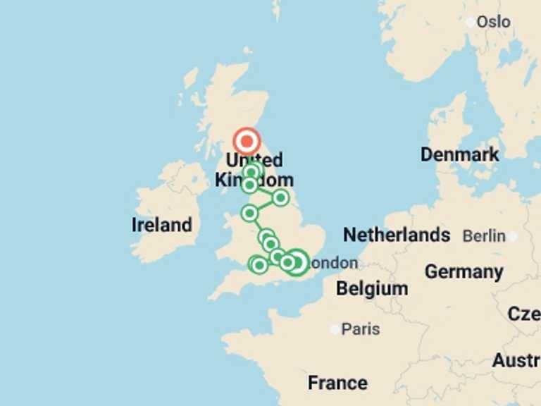 Map itinerary of London Tour in September 2026 with 7 destination visits for the trip: England in a Week