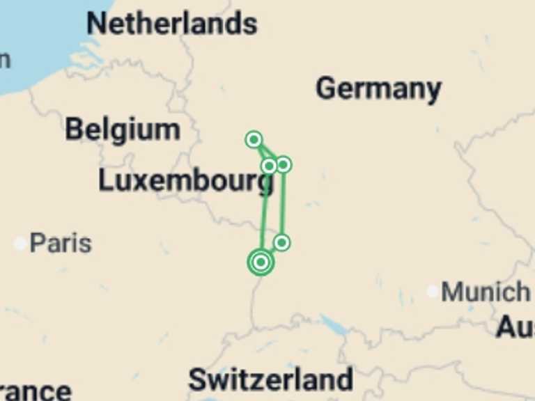 Map of France Cruise Tour with 5 destination visits for the trip: The romantic Rhine Valley and the rock of the Lorelei (port-to-port cruise)