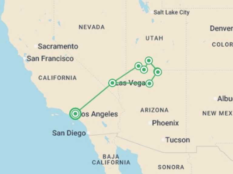 Map of Los Angeles Adventure Tour with 4 destination visits for the trip: Western Deserts 4D/3N (From Los Angeles)