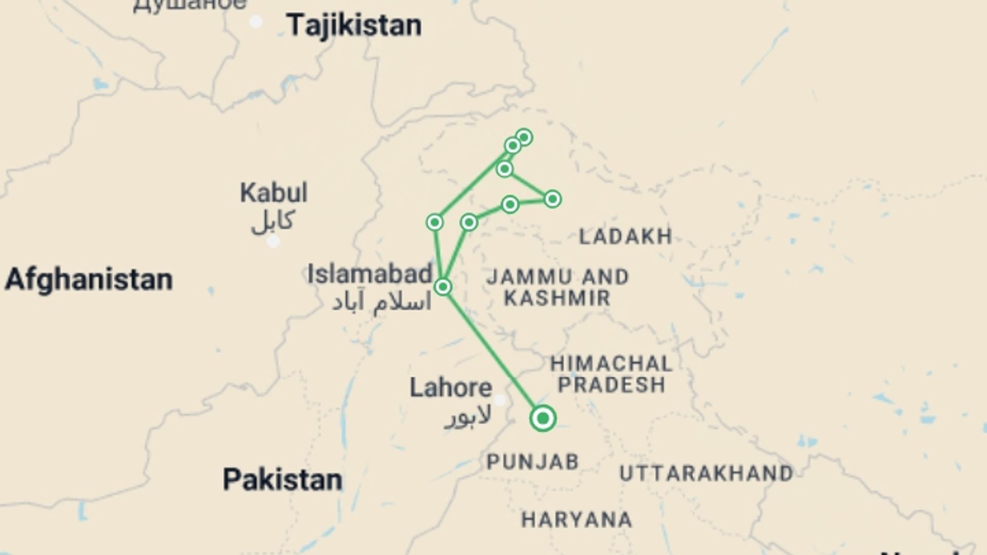A map showing the tour itinerary for the trip: Karakorum Highlights, starting in Islamabad, Pakistan and ending in Punjab, India going through 7 other destinations.