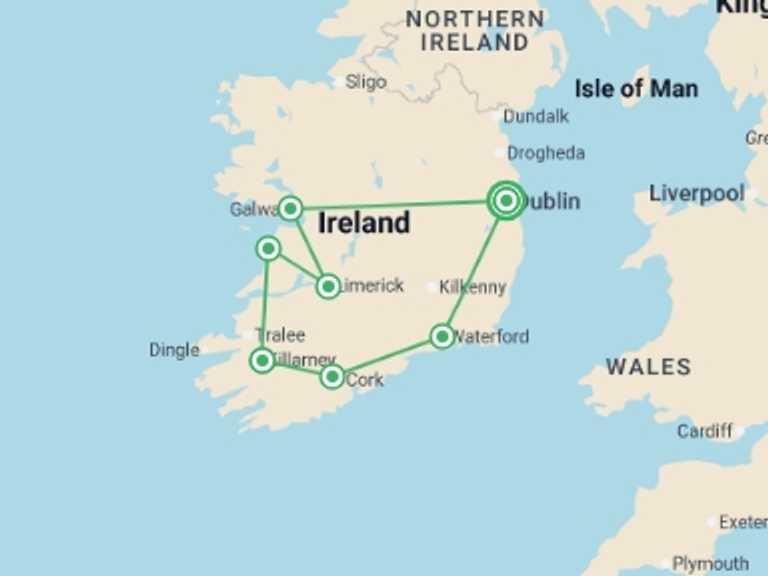 Map of Ireland Natural landmarks sightseeing Tour with 4 destination visits for the trip: Irish Highlights