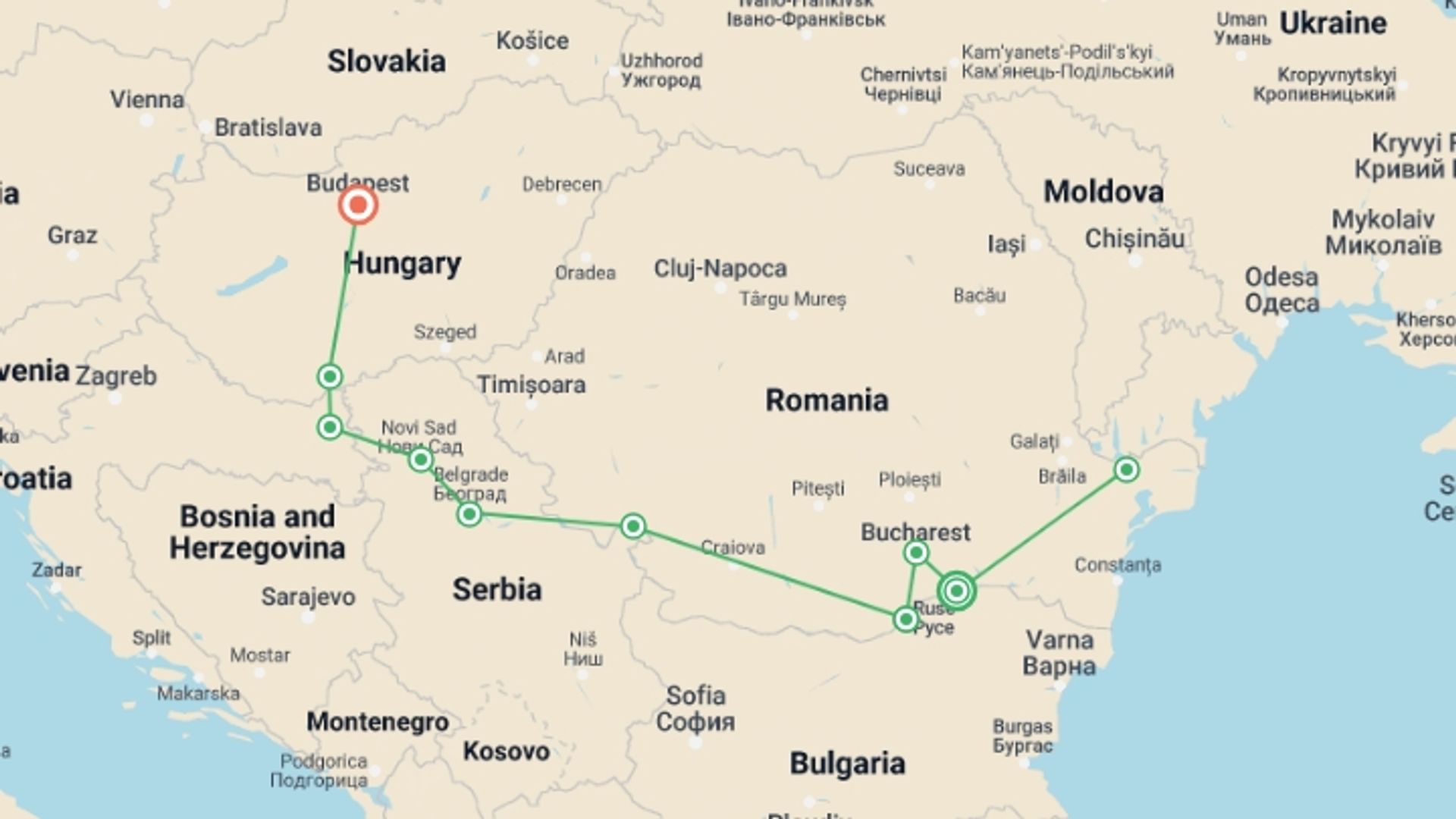 A map showing the tour itinerary for the trip: Along the Danube, the Balkan peninsula and Budapest (port-to-port cruise), starting in Oltnenita, Romania and ending in Budapest, Hungary going through 7 other destinations.